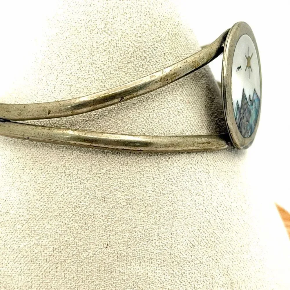 Vintage Mother of Pearl Abalone Mountain Landscape Cuff Bracelet